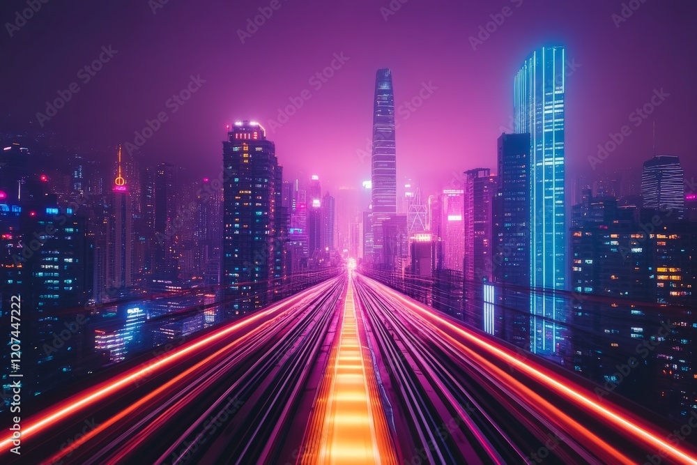 Fototapeta premium Stunning cityscape at night with vibrant lights and futuristic skyscrapers in an urban landscape