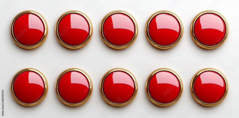 Three shiny red buttons set against a PNG cutout background. Three shiny red buttons set against a PNG cutout background.