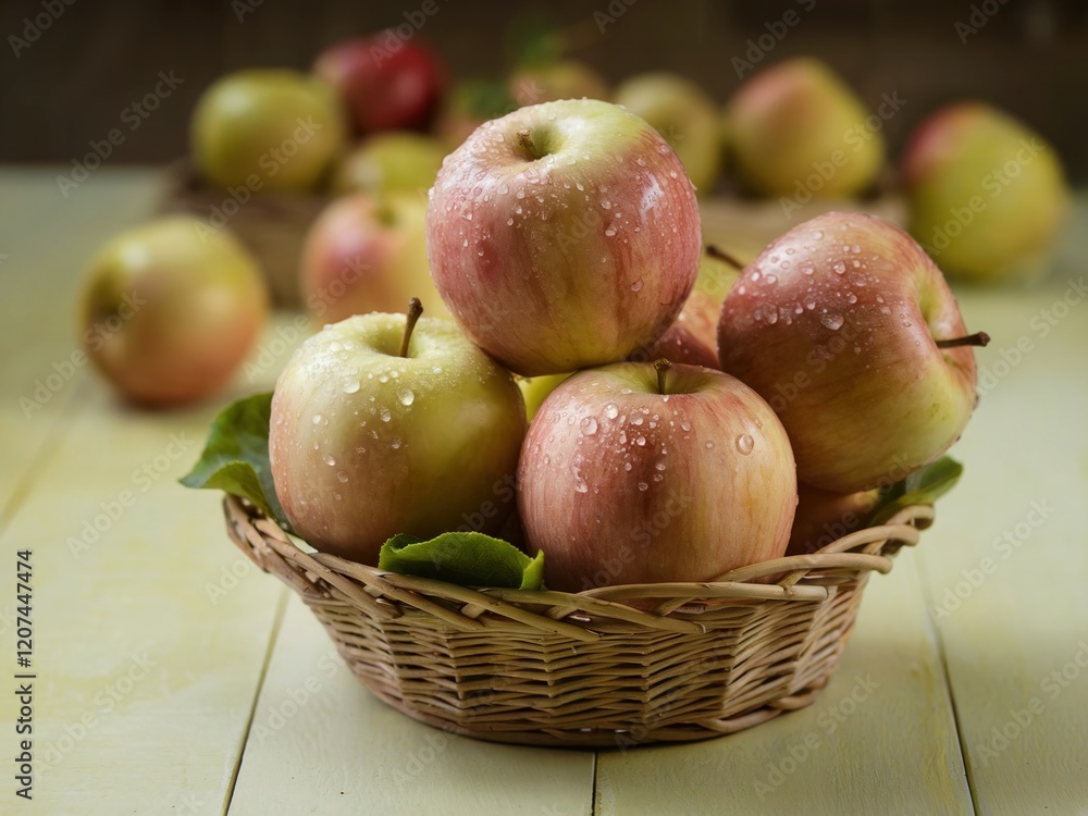 A wicker basket filled with fresh apples A wicker basket filled with fresh apples
