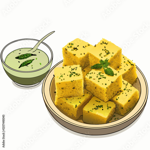 Gujarati Khaman Dhokla made using Chana Dal served with Green vector illustration (1)