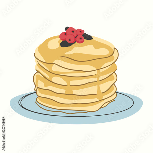 Pancakes with honey and raspberries  a plate vector illustration (2)