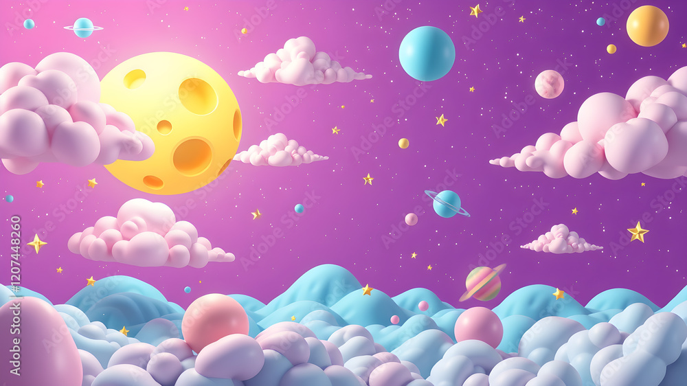 Naklejka premium Cartoon yellow moon with craters floats in purple turquoise pink white clouds on lilac starry sky. Magic night backdrop with multicolor objects flying bubbles stars planets. Generative AI