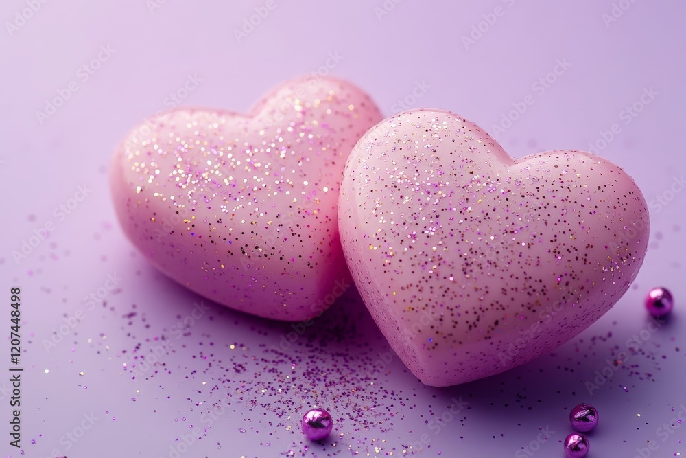 Obraz premium Sparkling pink heart-shaped decorations with glitter on a purple background