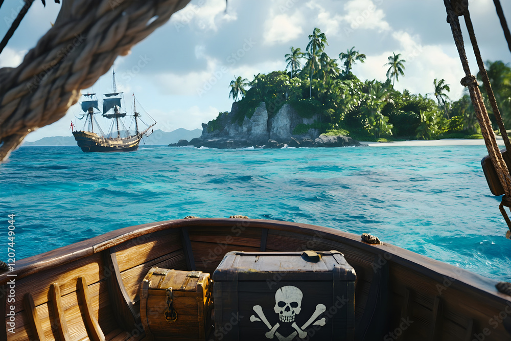Fototapeta premium A background view from a pirate ship's deck looking towards a tropical island with a hidden Corsair treasure chest, featuring a battleship with a skull and crossbones flag