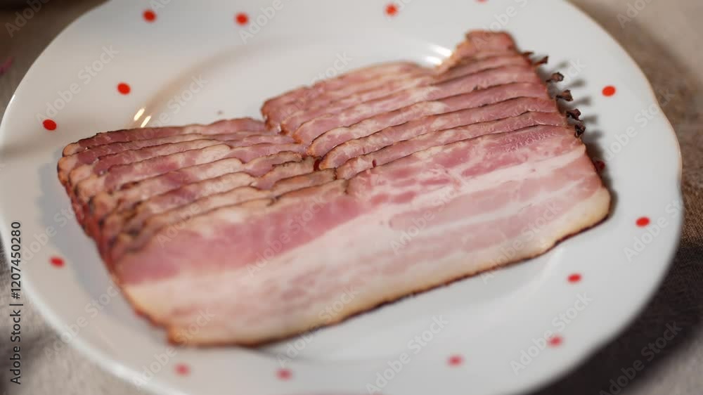 Close-up of perfectly sliced smoked bacon arranged on a decorative white plate with red accents, showcasing its rich texture and appetizing layers. Close-up of perfectly sliced smoked bacon arranged on a decorative white plate with red accents, showcasing its rich texture and appetizing layers.