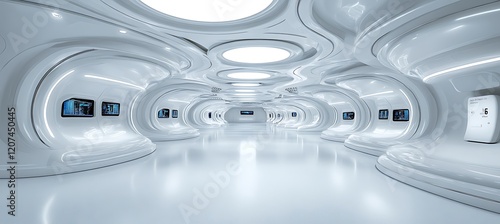 Futuristic white corridor with glowing screens and organic curves.