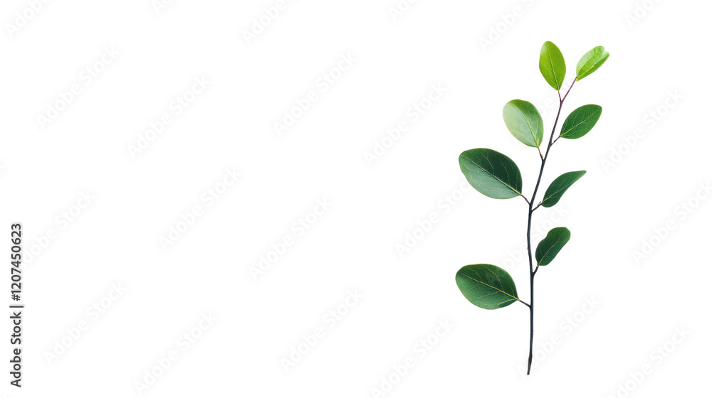 A delicate green plant branch with lush leaves on a white isolated background, perfect for natural and botanical themes. A delicate green plant branch with lush leaves on a white isolated background, perfect for natural and botanical themes.