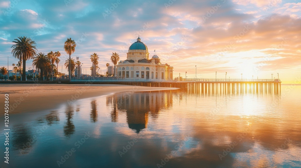 Obraz premium Sunrise pier pavilion beach reflection travel postcard