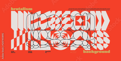Brutalism abstract vector red background with Postmodern geometric graphic shapes in Y2K aesthetics, trendy colorful modernism artwork, various brutal form and line elements, poster and banner