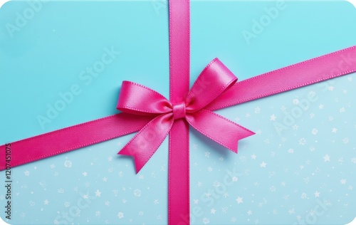 A playful gift card designed in bright turquoise with a shiny pink ribbon, featuring whimsical floral patterns, perfect for birthdays, celebrations, or cheerful gifting. photo