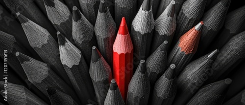 A single red pencil stands out from a group of black pencils. (3)