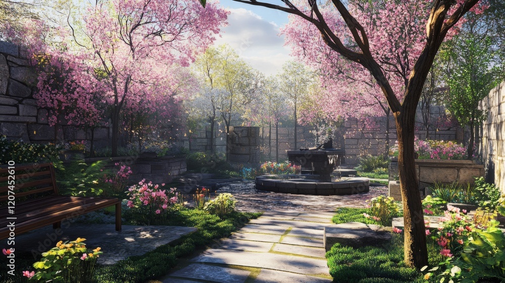 Peaceful Spring Garden with Cherry Blossoms and Stone Fountain Peaceful Spring Garden with Cherry Blossoms and Stone Fountain