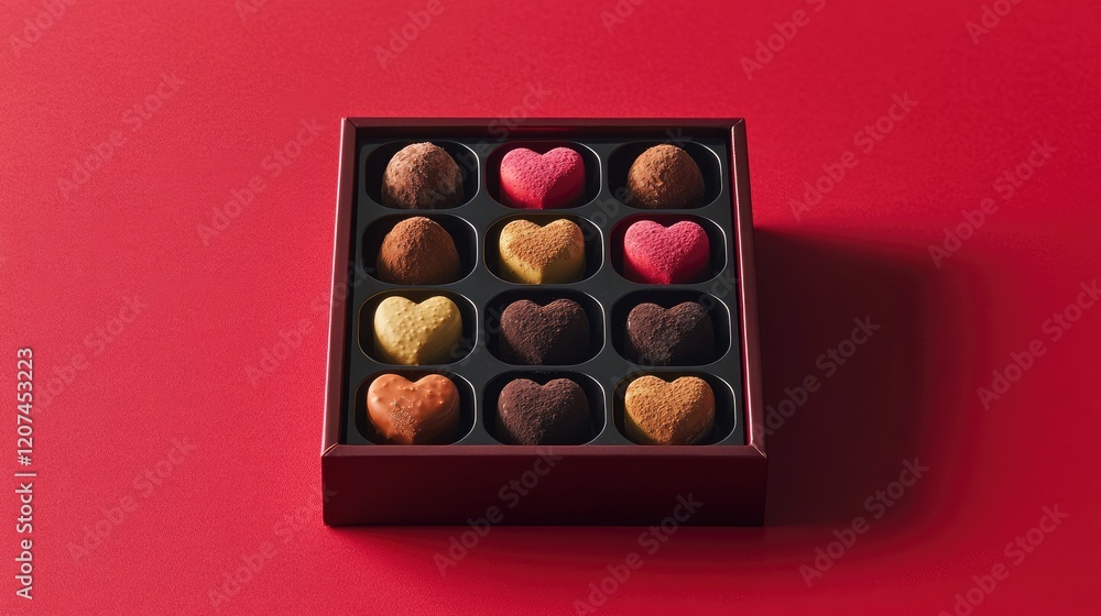 A box of assorted heart-shaped truffles on a festive red background. A box of assorted heart-shaped truffles on a festive red background.