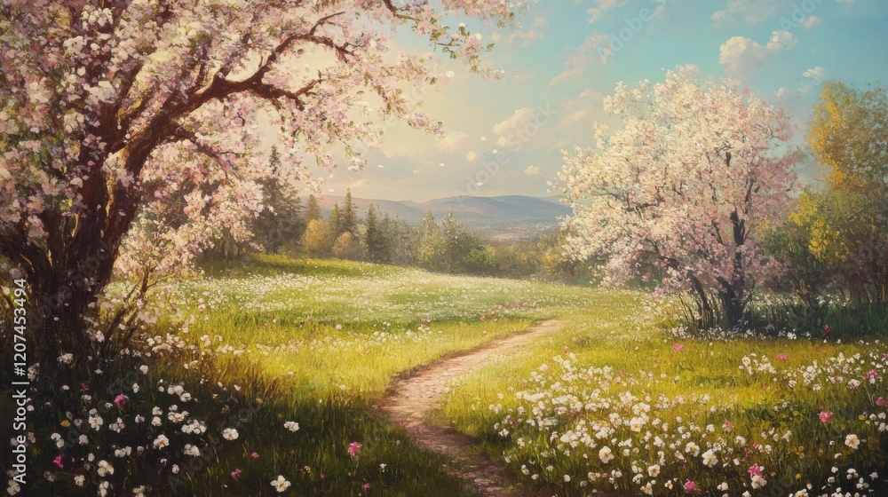 Naklejka premium Picturesque Spring Meadow with Blooming Trees and Winding Path