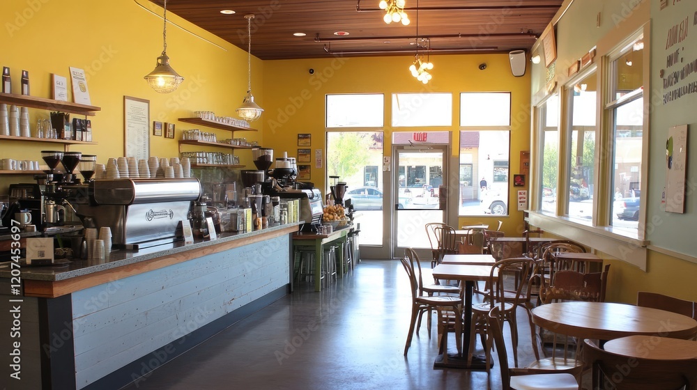 Fototapeta premium A brightly lit coffee shop with neatly placed chairs, tables, and coffee equipment.