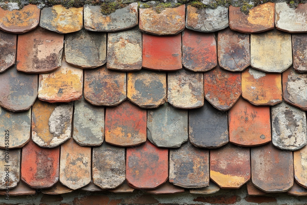 Unique rustic roof tiles showcasing a blend of colors in an old building in a rural setting Unique rustic roof tiles showcasing a blend of colors in an old building in a rural setting