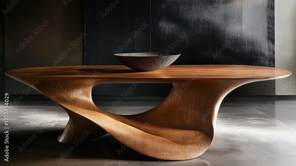 The sleek design of the curved wood dining table is enhanced by a stylish decorative bowl, creating a harmonious blend of artistry and luxury. The sleek design of the curved wood dining table is enhanced by a stylish decorative bowl, creating a harmonious blend of artistry and luxury.
