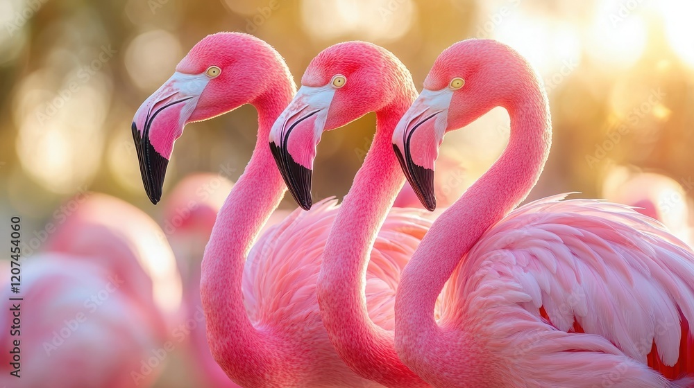 Naklejka premium Three Pink Flamingos at Golden Hour