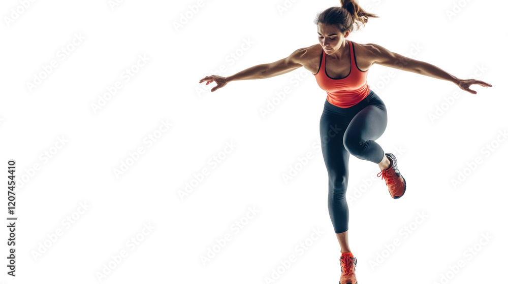 A female athlete in motion, demonstrating agility and strength while leaping forward. Energetic pose highlighting athleticism and determination. A female athlete in motion, demonstrating agility and strength while leaping forward. Energetic pose highlighting athleticism and determination.