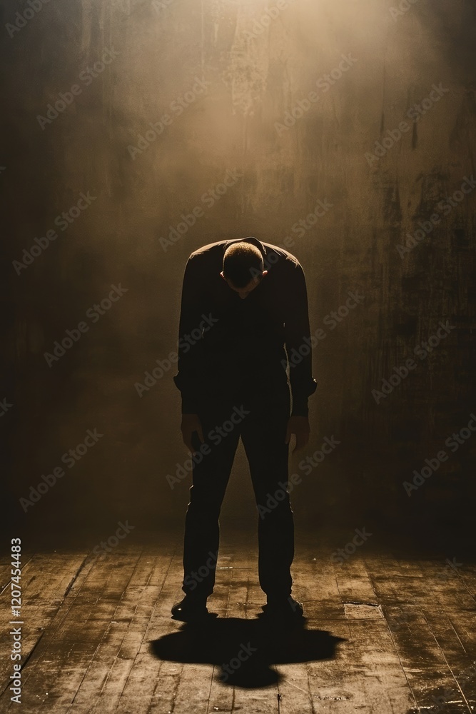 Obraz premium A figure standing in the middle of a dark, empty room, hands clenched, head lowered, conveying feelings of anger and frustration through body language.