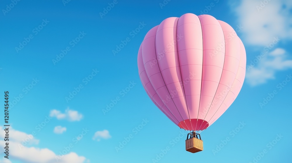 Fototapeta premium Pink Hot Air Balloon Soaring in a Clear Blue Sky with Fluffy Clouds