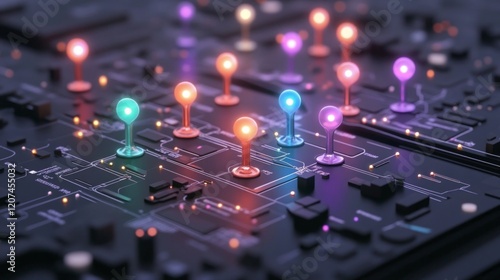 Colorful circuit board with glowing nodes and connections.