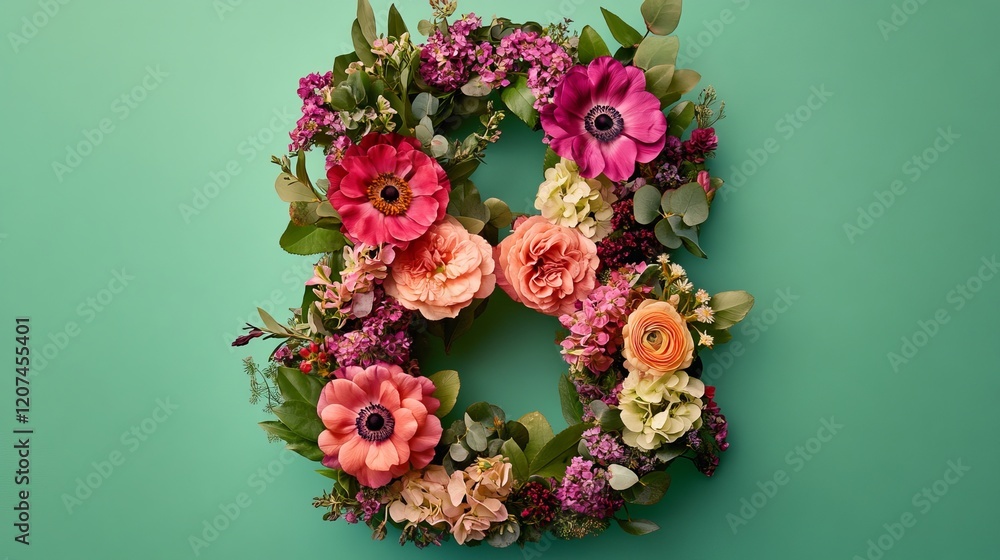 A figure eight shaped arrangement made of fresh flowers on a colored background.