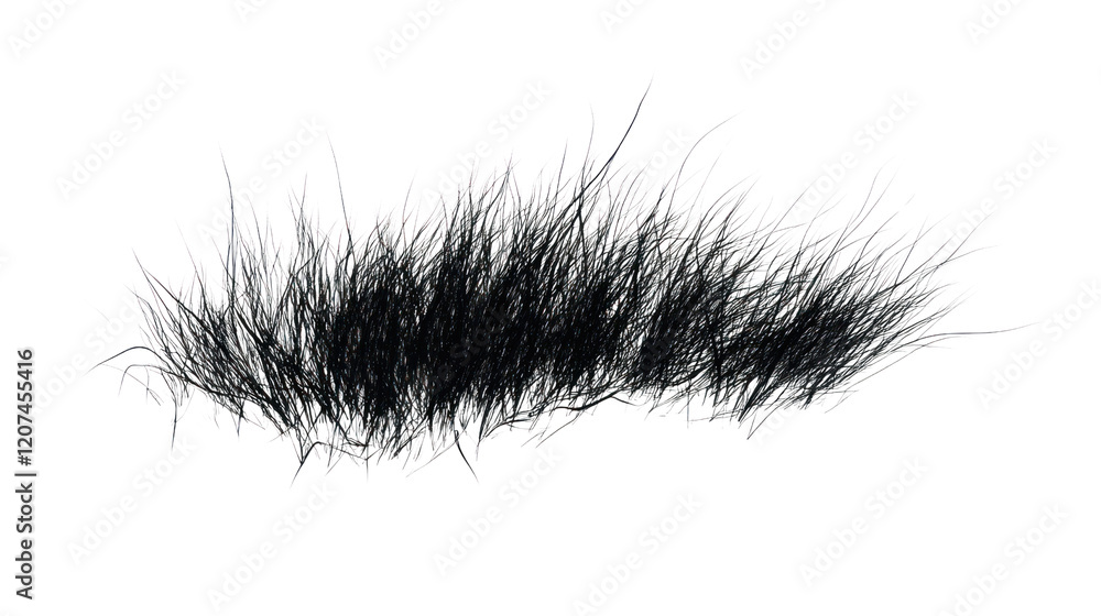 Fototapeta premium A fuzzy black caterpillar with long hair-like structures on a white isolated background, showcasing its unique texture and form.