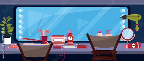 Vector illustration of dressing table.Cartoon scene dressing table with mirror, light bulbs, curling irons, brushes, cream, cosmetics, hairpins, hairdryer, flowerpots, chairs.Beauty salon.Hairdresser.