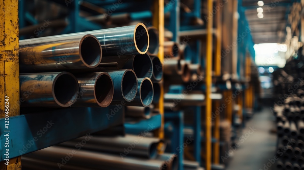 Rows of gleaming metal pipes and tubes are neatly organized on sturdy warehouse shelving, ready for transport. Rows of gleaming metal pipes and tubes are neatly organized on sturdy warehouse shelving, ready for transport.