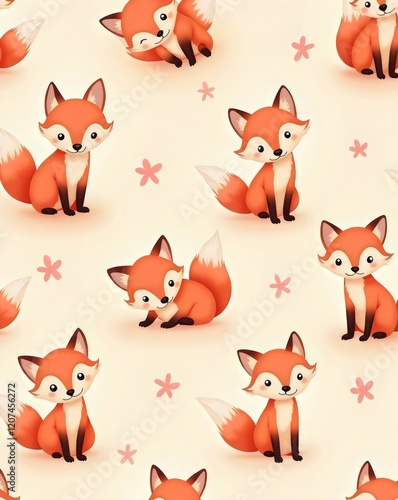 Cute Cartoon Fox Repeat Pattern with Pink Flowers on Cream Background