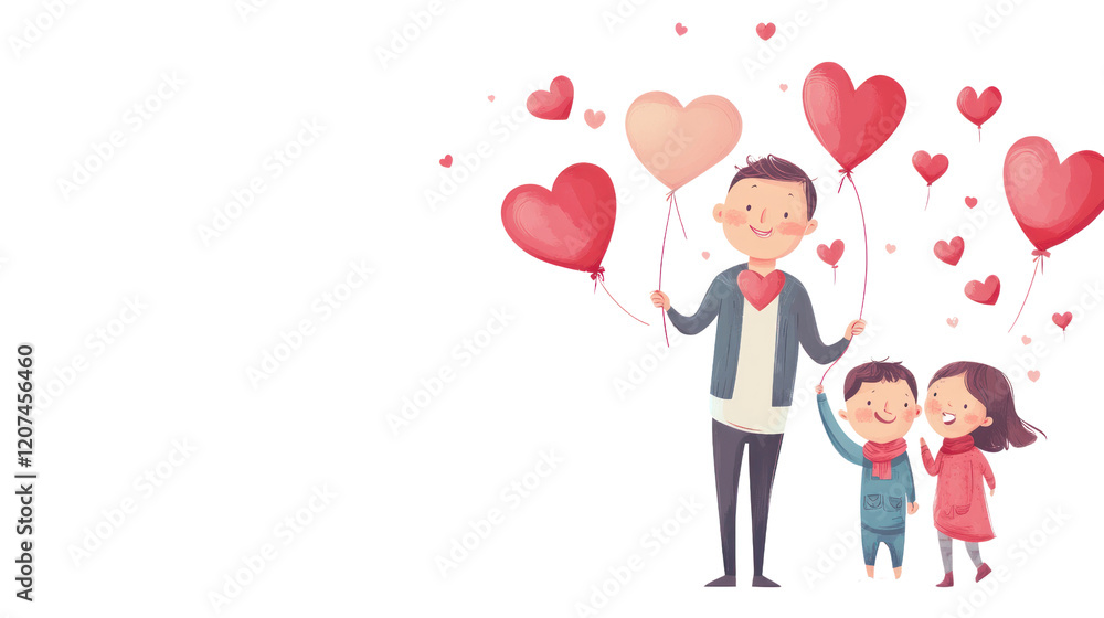 A heartwarming illustration of a happy family holding balloons, celebrating love and togetherness in a joyful atmosphere. A heartwarming illustration of a happy family holding balloons, celebrating love and togetherness in a joyful atmosphere.