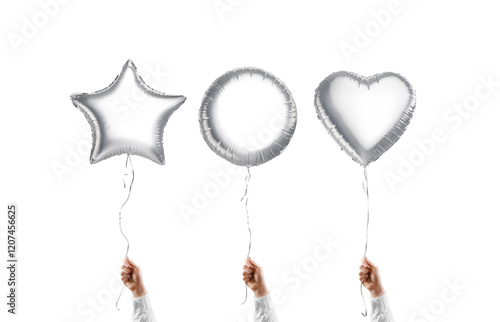 Hand holding blank silver star, round and heart balloon mockup