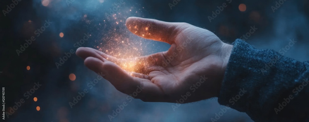 Fototapeta premium A hand releasing sparks in a mystical, dark atmosphere.