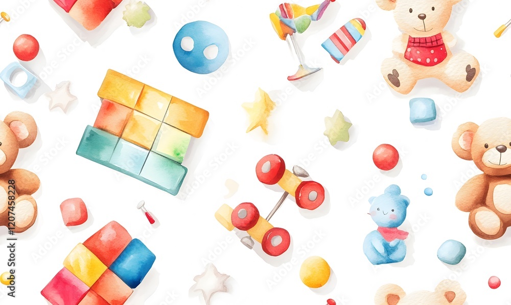 Discover the Joy of Childhood Play. A charming watercolor design of children's toys Discover the Joy of Childhood Play. A charming watercolor design of children's toys