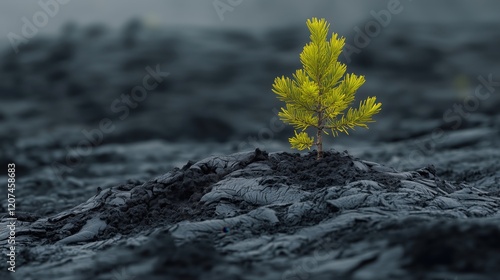 A young pine tree stands defiantly amidst a barren volcanic ash landscape, symbolizing the incredible resilience and renewal of nature. photo