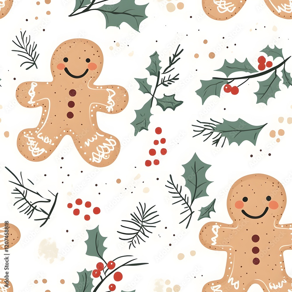 Naklejka premium Spread Joy with Whimsical Holiday Cheer. A Christmas themed seamless pattern featuring adorable gingerbread characters