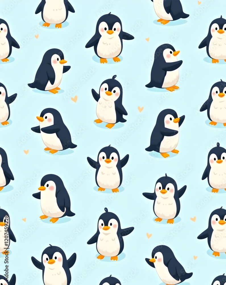 Obraz premium Animated Penguin Repeat Pattern with Hearts on Light Blue Background, Cheerful Theme