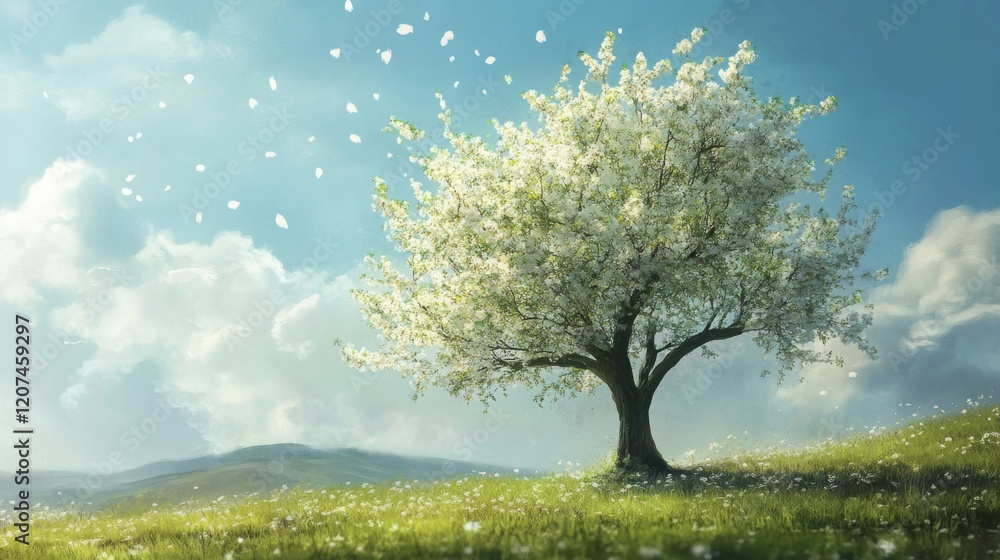 Fototapeta premium Serene Spring Landscape with Blossoming Tree and Petals Falling