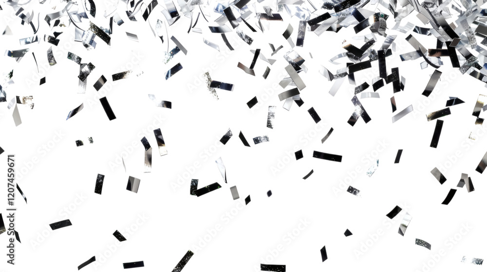 Falling silver confetti creating a festive effect, isolated on white background Falling silver confetti creating a festive effect, isolated on white background