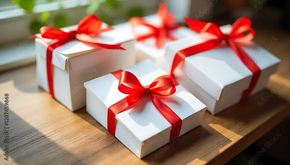 White cards with red ribbon bows, Red Gift Bow with Tag, Blank white label with red ribbon, Christmas, Saint Valentine, Birthday voucher illustration, created with generative ai White cards with red ribbon bows, Red Gift Bow with Tag, Blank white label with red ribbon, Christmas, Saint Valentine, Birthday voucher illustration, created with generative ai