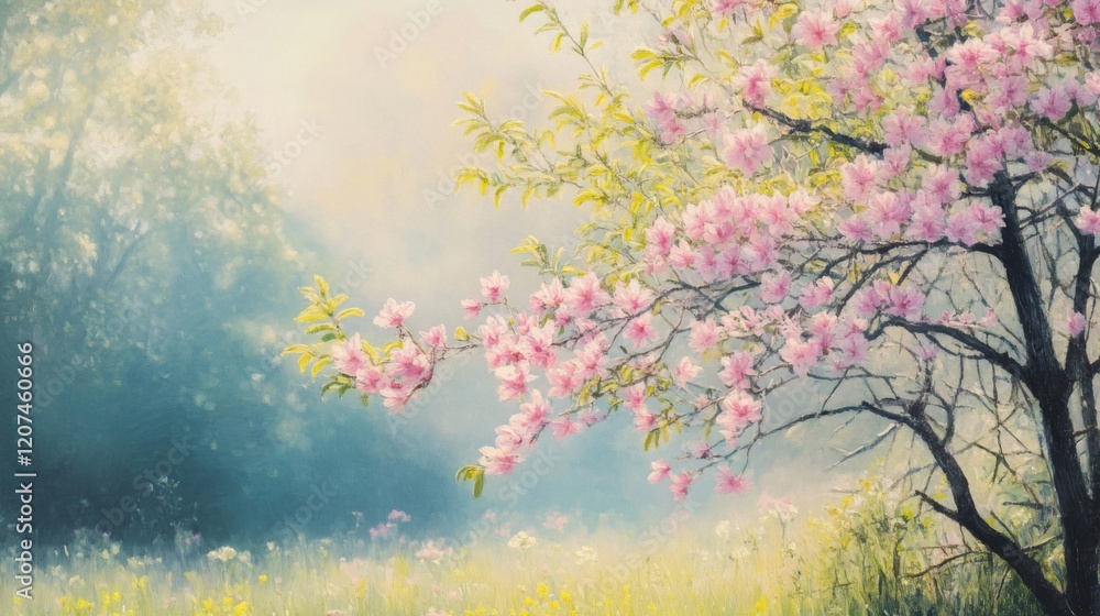 Peaceful Spring Landscape with Pink Blossoms and Morning Mist Peaceful Spring Landscape with Pink Blossoms and Morning Mist