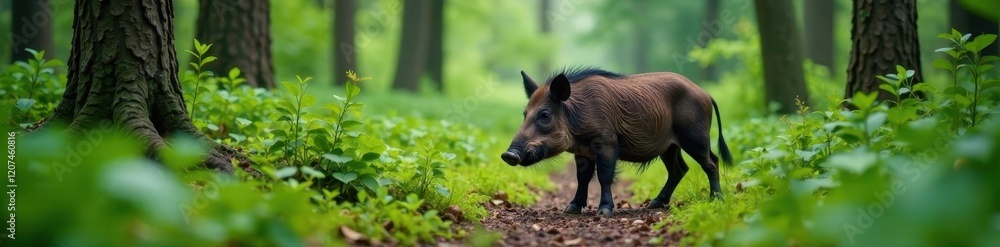 Solitary wild boar rooting in lush forest undergrowth, undergrowth, summer, brown