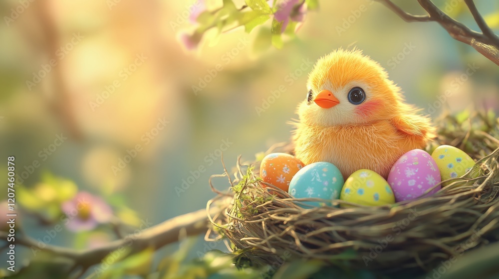 A fluffy Easter chick sits adorably in a nest surrounded by vibrant, colorful eggs, creating a heartwarming scene perfect for holiday cards and spring designs. A fluffy Easter chick sits adorably in a nest surrounded by vibrant, colorful eggs, creating a heartwarming scene perfect for holiday cards and spring designs.