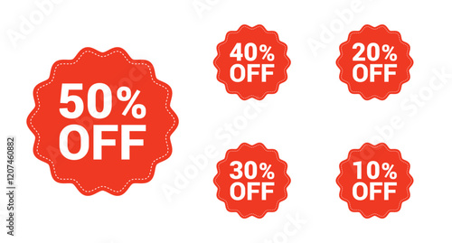 Red discount labels set with various percentage offers, including 50%, 40%, 30%, 20%, and 10% off on a transparent background for promotions and marketing