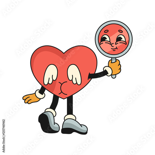 Heart character with wings holding mirror. Vector icon of anthropomorphic love symbol holding looking glass. Love and affection, relationship, sentiment sign. Personality for lover holiday. Valentine.