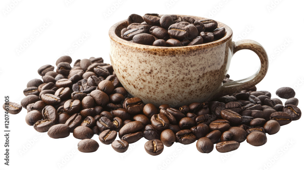Fototapeta premium A rustic cup filled with roasted coffee beans, surrounded by scattered coffee beans on a white isolated background.