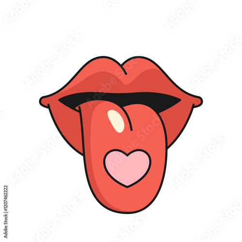 Woman lips and tongue with heart sticker. Vector retro icon or isolated sign for sensuality and lust, sexuality. Feminine makeup and affection. Lover flirt sign. Kiss and feminism mouth. Seduce.