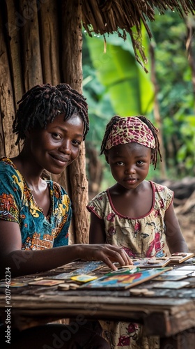 Mother and daughter sitting together, looking at cards at a wooden table.