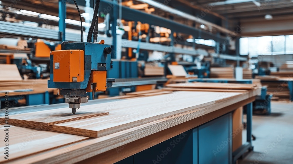 A modern woodworking factory with computer-controlled machinery cutting and shaping wood.